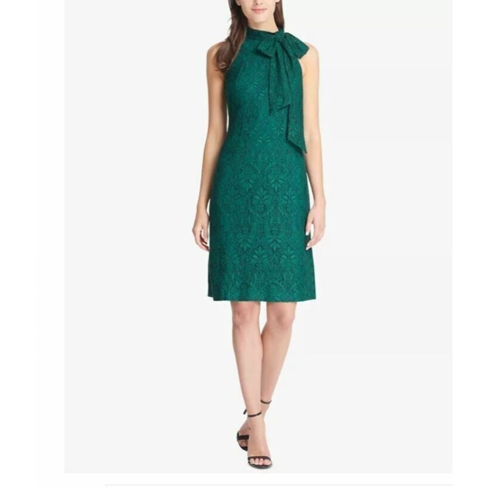 Vince Camuto Sz 14 Tie-Neck Lace Sheath Dress Navy Blue Sleeveless Zip Cocktail